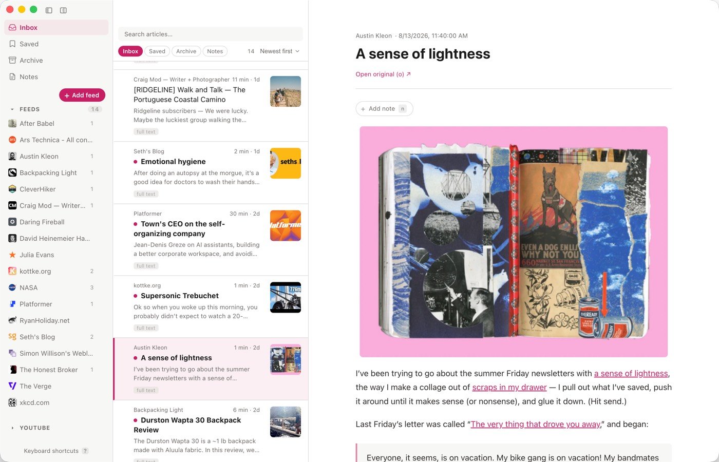 The Feeds inbox: subscriptions on the left, the article list in the middle, and the open article beside it.